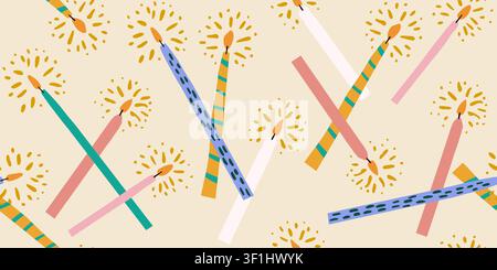 Seamless Pattern with Glowing Colorful Candles on Beige Background, Scandinavian Birthday and Christmas Print, Cozy Celebration Surface Design with Hand Drawn Candlelight for Wrapping Paper and Kids Party Decor Stock Vector