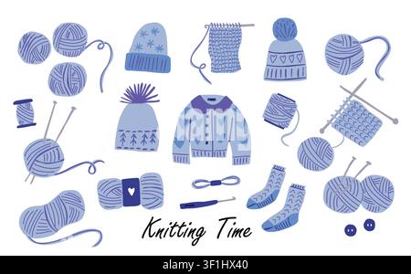 Needle Time knitting clipart set with yarn balls, knitting needles, crochet hooks, knitted sweater, socks, hat and handmade supplies in blue tones. Perfect for craft projects, DIY, branding and stickers art Stock Vector