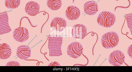 Seamless knitting pattern with pink yarn balls, knitting needles and knitted swatches on a soft peach background. Cozy feminine handmade design for fabric, wallpaper, wrapping paper, crochet and DIY. Vector illustration Stock Vector