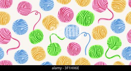Seamless yarn pattern with colorful wool balls on a beige background. Cozy knitting illustration for handmade, crochet, sewing, textile, fabric, wallpaper, wrapping paper and DIY craft projects. Vector illustration Stock Vector