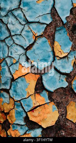 Peeling blue and yellow paint on rusted old pipe Stock Photo