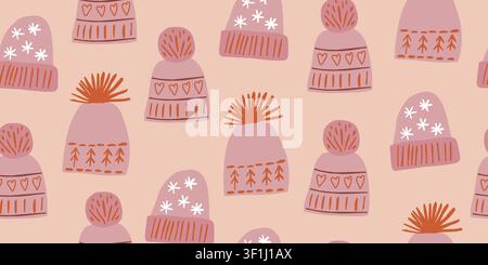 Seamless pattern with pink knitted beanies, pom pom hats, hearts and festive knit motifs on a soft peach background. Cozy autumn and winter design for girls, baby clothes, fabric, wallpaper. Vector illustration Stock Vector
