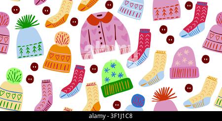 Seamless winter knitting pattern with colorful sweaters, hats, socks, buttons and cozy knitted clothing on a white background. Warm holiday design for Christmas, fabric, wallpaper, wrapping paper. Vector illustration Stock Vector