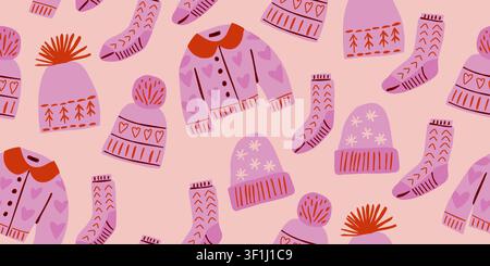 Seamless pattern with pink knitted sweaters, beanies, socks and cozy winter clothing on a soft peach background. Cute feminine autumn and Christmas design for fabric, wallpaper, wrapping paper. Vector illustration Stock Vector