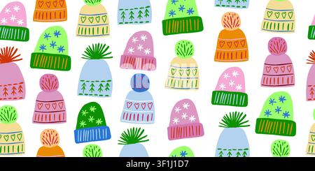 Seamless winter hat pattern with cozy knitted beanies, pom pom hats and festive knit designs on a white background. Warm Christmas and autumn illustration for fabric, wallpaper, wrapping paper. Vector illustration Stock Vector