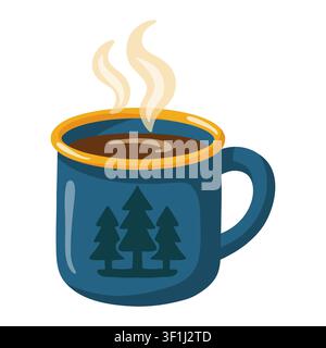 Steaming blue camping mug with hot drink and evergreen forest design. Cartoon vector illustration on white background  Stock Vector