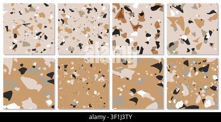 Set of 8 Terrazzo flooring seamless pattern Venetian style stock illustration. Marble vector background set. Rock textures. stock illustration Stock Vector