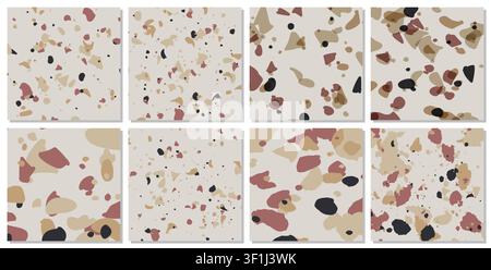Set of 8 Terrazzo flooring seamless pattern Venetian style stock illustration. Marble vector background set. Rock textures. stock illustration Stock Vector