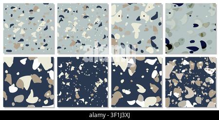 Set of 8 Terrazzo flooring seamless pattern Venetian style stock illustration. Marble vector background set. Rock textures. stock illustration Stock Vector