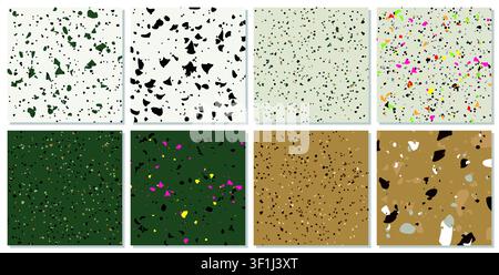 Set of 8 Terrazzo flooring seamless pattern Venetian style stock illustration. Marble vector background set. Rock textures. stock illustration Stock Vector