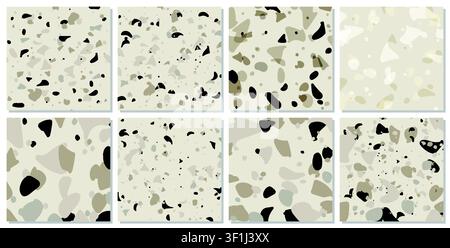 Set of 8 Terrazzo flooring seamless pattern Venetian style stock illustration. Marble vector background set. Rock textures. stock illustration Stock Vector