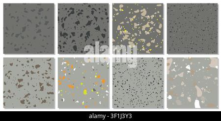 Set of 8 Terrazzo flooring seamless pattern Venetian style stock illustration. Marble vector background set. Rock textures. stock illustration Stock Vector
