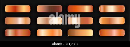 Realistic bronze golden gradient texture pack 12 in 1. Fill and stroke effects. Shiny gold copper metal foil gradient set. Metallic shiny buttons with Stock Vector
