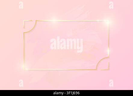 Gold shiny glowing art rectangle frame with rose pastel brush strokes isolated on pink background. Golden luxury line border for invitation, card, sal Stock Vector
