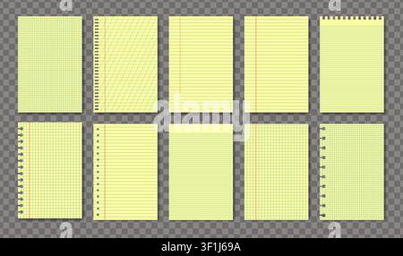 Yellow legal A4 note paper pad sheet collection 10 in 1. Paper notebook legal memo set lined and checkered paper blank layout template. Grid lines che Stock Vector