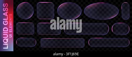Realistic purple glassmorphism style basic IU mockup elements isolated on transparent background. Neon glass transparent frame collection. Blur grass Stock Vector