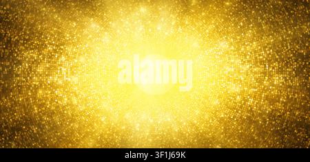 Abstract gold mosaic disco sequin pattern. Luxurious golden glittering halftone cover. Disco ball texture. Shining sun explosion backdrop. Gradient re Stock Vector