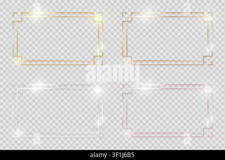 Yellow and pink gold, silver and bronze shiny glowing vintage frames with shadows pack isolated on transparent background. Golden luxury realistic hor Stock Vector