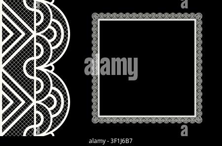 Seamless realistic textured lace border square frame isolated on black. Vintage crochet embroidery frame set. Classic ornament border trim ribbon line Stock Vector