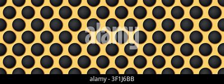 Gold seamless perforated metal sheet realistic texture. Metal chrome grill plate with round holes. Modern design carbon radiator bg. Macro speaker rad Stock Vector