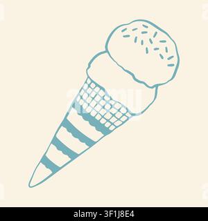 Vector illustration of a waffle cone with two large scoops of ice cream topped with sweet sprinkles. Hand drawn blue line art icon for summer double Stock Vector