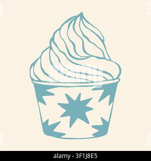 Vector illustration of soft serve frozen yogurt swirled inside a decorative paper cup with a star pattern. Hand drawn blue line art icon for Italian Stock Vector