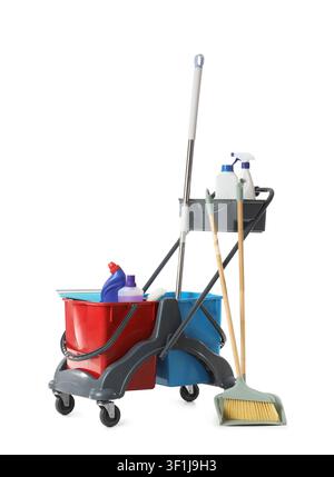 Professional cleaning cart with buckets, mop, broom, dustpan, and various cleaning supplies for janitorial services Stock Photo