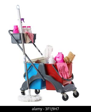 Professional cleaning service cart with various supplies and equipment for hygiene and sanitation, isolated on a white background Stock Photo