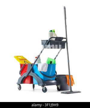 Professional cleaning service cart with various supplies and equipment for hygiene and maintenance Stock Photo
