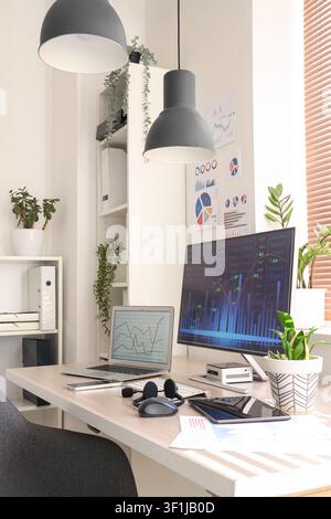 Data scientists workplace with computer and diagrams in office Stock Photo