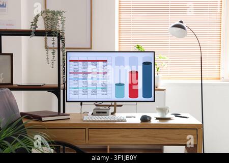 Computer with chart on desk in data scientists office Stock Photo
