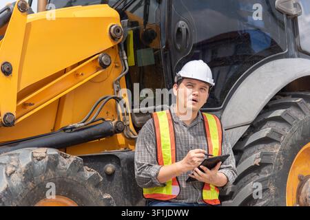 Construction engineer wearing safety helmet and reflective vest inspecting heavy machinery while taking notes on a tablet at an active construction si Stock Photo
