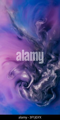 Turbulence paint. Pigment splash. Sparkling cloud color spray particles flow liquid. Purple blue fume abstract twirl mix blur background. Stock Photo