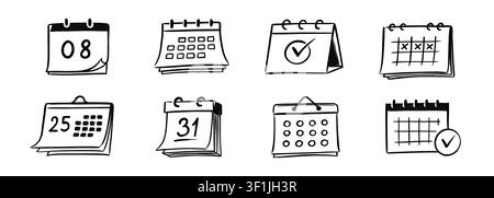 Calendar doodle icon vector set. Hand drawn calendar doodle icon with paper date time month schedule. Business reminder appointment notebook office management graphic concept. Vector illustration Stock Vector