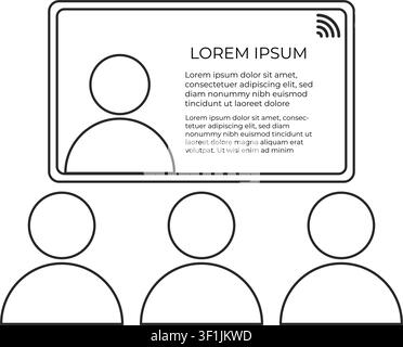 An illustration of students engaged in a virtual lecture or webinar featuring a teacher on screen with Wi-Fi connectivity and instructional text. Stock Vector