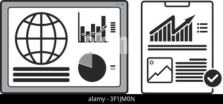 This illustration features a digital screen with global statistics and a printed document showing growth trends and a successful checkmark. Stock Vector