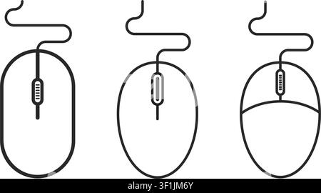A minimal line art illustration featuring three different styles of computer mice with scroll wheels and cords, isolated on a white background. Stock Vector