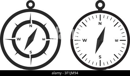 Two minimalist compass icons with needles pointing north, featuring cardinal directions and scale markers for navigation and adventure concepts. Stock Vector