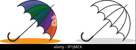 A vibrant multicolored umbrella sitting next to its black and white line art counterpart with shadows beneath them isolated on a white background. Stock Vector