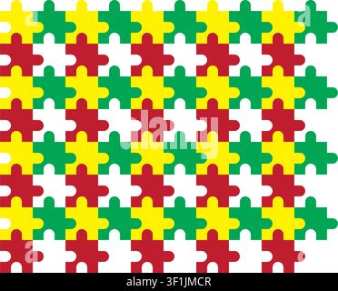 A seamless repeating pattern of interlocking jigsaw puzzle pieces in vibrant yellow green red and white colors creating a textured grid graphic design Stock Vector