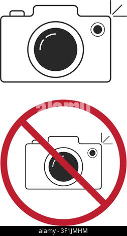A minimalist icon set showing a camera with a flashing light indicating photography is allowed and a camera inside a red prohibition circle sign. Stock Vector