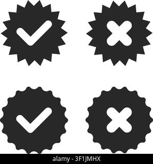 A set of four black minimalist icons featuring tick and x marks inside jagged and rounded seal frames for validation or rejection status. Stock Vector