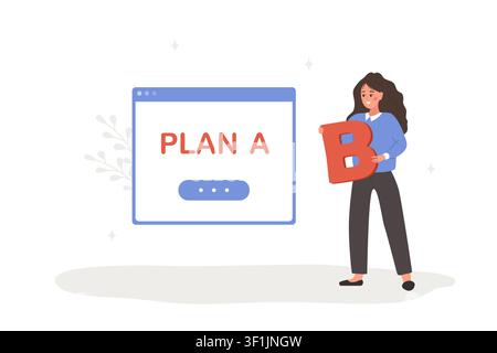 Plan B concept. Business woman at starting point with difficult choice and decision for plan A or plan B for her project. Vector illustration in flat Stock Vector