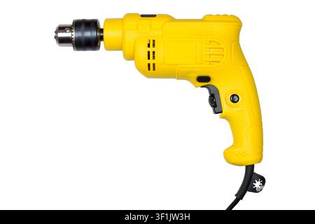 Yellow electric drill isolated on white background. Power tool for construction and home renovation. Professional equipment for drilling and repair. Stock Photo