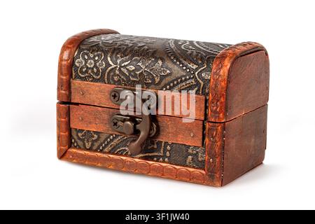 An antique wooden casket on a white background. Casket with close-up ornament. Stock Photo