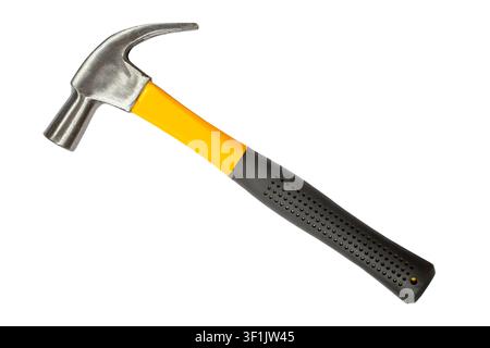 Claw hammer with yellow and black handle. Hand tool for construction and carpentry. Equipment for home repair, renovation, and DIY projects. Stock Photo