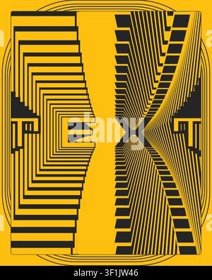 Minimalist yellow black typography poster geometric depth optical illusion wall art print abstract pattern dynamic graphic design room decoration Stock Vector