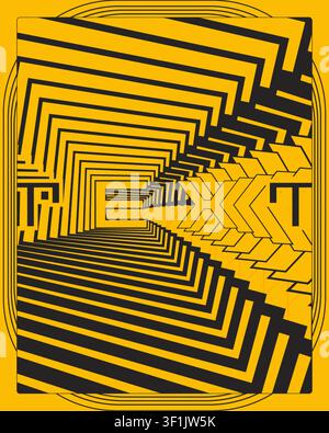 Trippy optical illusion typography poster yellow black geometric depth wall art print modern abstract visual distortion graphic illustration artwork Stock Vector