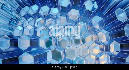 Abstract background showcasing complex geometric honeycomb pattern constructed from blue transparent glowing glass hexagonal pipes radiating bright li Stock Photo