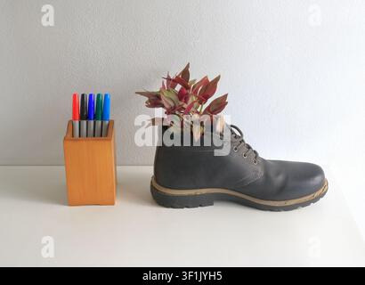 Broken sole leather shoe repurposed into a plant pot next to a wooden pen holder. This image illustrates concepts of sustainable lifestyle Stock Photo